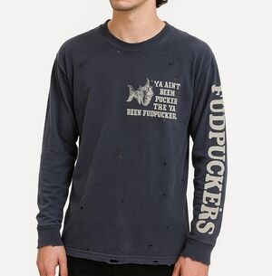 Vtg Fudpucker’s 1980s Thrashed L/S Graphic Tee Blue M Coastal Single Stich Retro